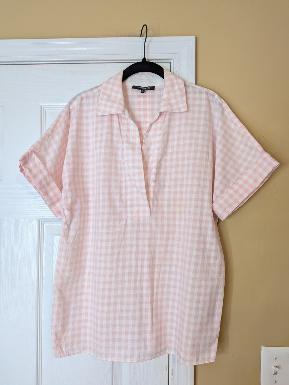 Lafayette 148 Pink Gingham Popover Blouse Size Small Preppy Quiet Luxury